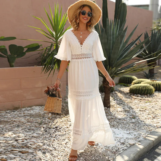 Boho White Lace Maxi Dress – Elegant Summer Style for Beach Days & Weddings